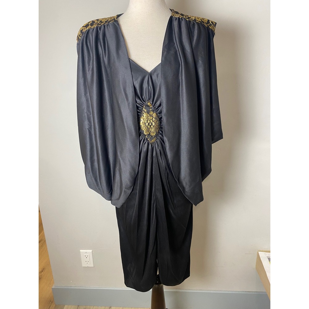 Vintage 70s Disco Dress Set Black Gold Lace Metallic Pleated Midi Jacket 2 Piece